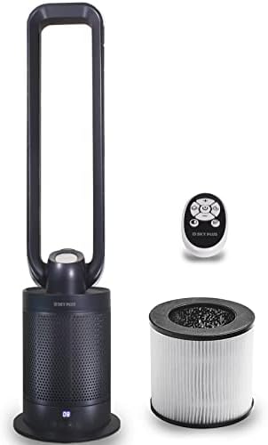 SkyPlus Bladeless Fan and Air Purifier Combo for Home Large Room | True HEPA Activated Carbon Air Filters 99.95% of Particles in Air | Oscillating Tower Fan with Remote Control | Great Air Multiplier for Home | Filters Allergies, Pollen, Smoke, Dust, Pet Dander, Mold Odors, Benzene and Pollutants. (Gray)