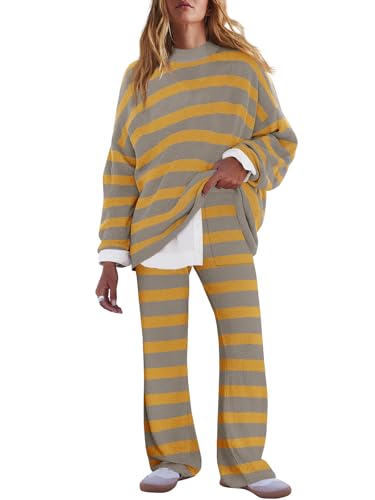 Image of LAMISSCHE Oversized Womens Lounge Set Striped Sweater Set Long Sleeve 2 Piece Pajama Set Top and Pants with Pockets
