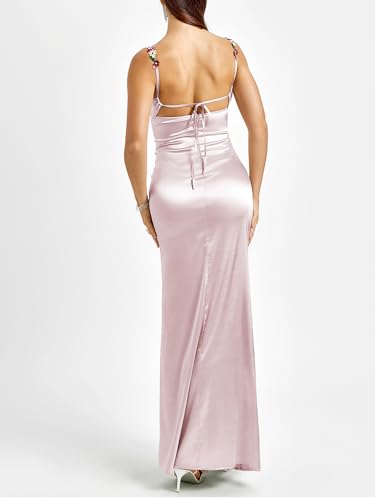 Image of Colysmo Women's Satin Spaghetti Strap Slip Bodycon Maxi Dress Sleeveless Wedding Guest Elegant Evening Party Dresses