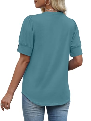 Image of OFEEFAN Womens Tops Short Sleeve Shirts Buttons V Neck Spring Fashion Summer Outfits Plus Size Blouses Dressy Casual