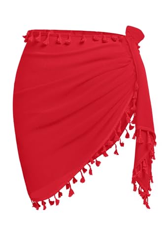 Holipick Sarong Coverups for Women Long Bathing Suit Wraps Skirt Beach Sarongs Wrap Cover Up Tassels Red