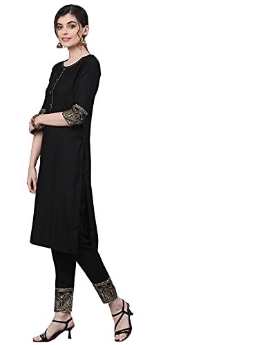 Image of ishin Women's Viscose Rayon Black Solid With Gota Patti Straight Kurta set With Trouser and Dupatta