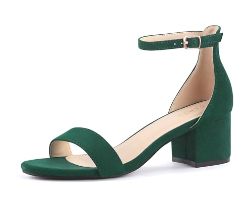 PARTY Women's Open Toe Ankle Strap Low Block Chunky Heels Sandals, Emerald Green, 7
