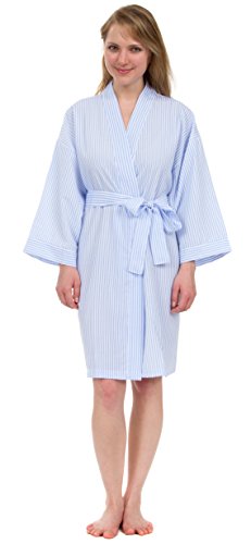Leisureland Women’s Classic Stripe Seersucker Short Robes (One Size, Classic Blue)