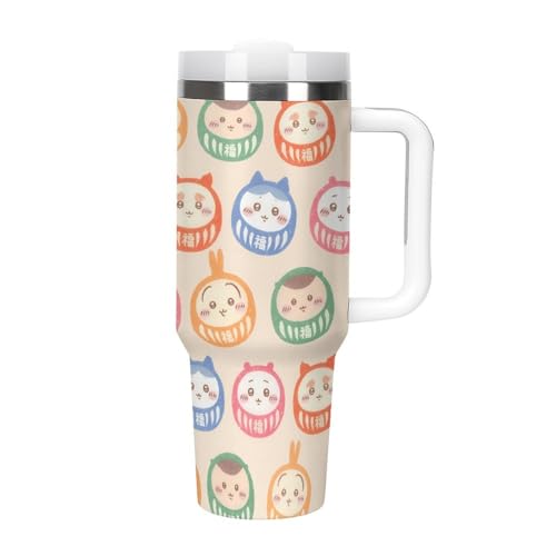 ちい かわいい タンブラー 水筒 ドリンクカップ ウォーターボトル 大容量 ストロー 車用 蓋付き 取っ手付き 保温 保冷 直飲み ステンレス 持ち運び 真空断熱 40オンス 1180m?