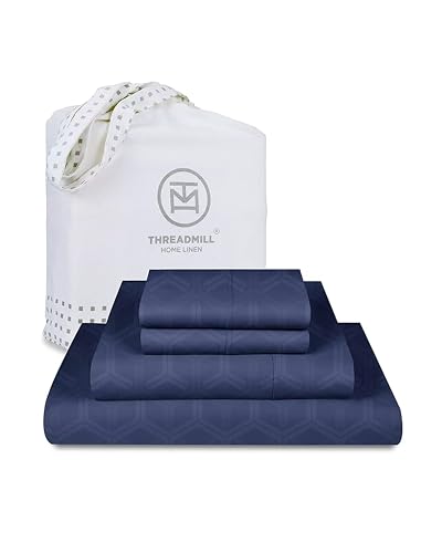 Image of Threadmill 100% Cotton Sheets for Full Size Bed - 600 Thread Count Full Bed Sheets Set with 16 inch Deep Pocket - Jacquard Sateen Weave 4-Piece Bedding Set with Cooling Effect, Folkstone Blue