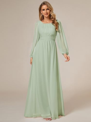 Image of Ever-Pretty Women's Crewneck Long Lantern Sleeves Floor Length A-Line Pleated Chiffon Formal Dress 0106B