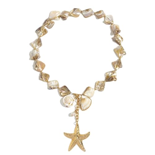 Starfish Shell Necklaces for Women Trendy Summer Boho Seashell Pendant Beach Necklace Gold Charm Choke Necklace Dainty Statement Necklace Fashion Surfer Jewelry Gift (White Shell Necklace- 2)