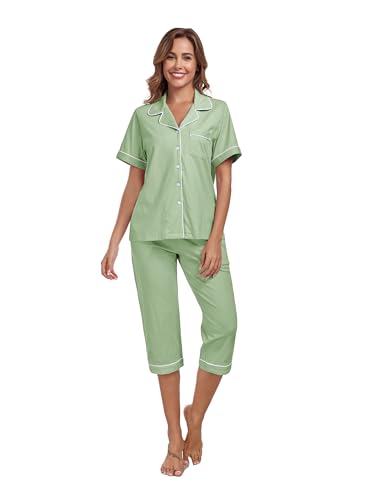 Image of COLORFULLEAF 100% Cotton Capri Pajama for Women Set Summer Short Sleeve Pj Sets for Women Cotton Sleepwear