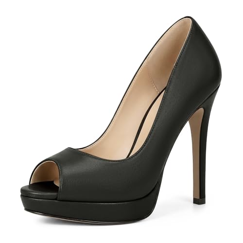 Joseywade Platform Stiletto Heels Women's Peep Toe Thin Sky High Heel Pumps 5 Inch Party Dance Dressy Slip On Shoes for Work Office Casual Party Matte Black US Size 8.5