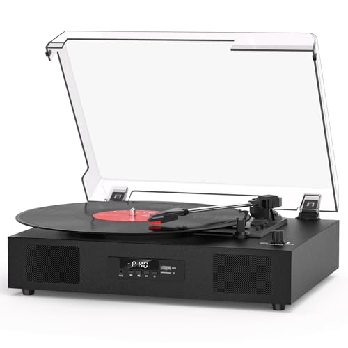 Vinyl Record Player with Built-in Stereo Speakers Vinyl to USB Recording Belt Drive 3 Speeds Turntables for Vinyl Records Support Bluetooth Input AUX RCA Output Black