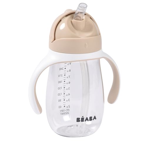 BÉABA, Biberón/Vaso de Aprendizaje 2 en 1, Vaso con Pajita Niño, 100% Estanca, Antigoteo, Fácil de Abrir, Asas Extraíbles, Tritan y Silicona, 300 ml, Arcilla