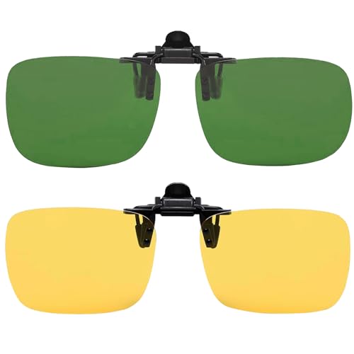 Image of Polarized Clip-on Sunglasses Anti-Glare UV Protection Fishing Driving Sunglasses Over Prescription Glasses (Drak Green + Yellow)