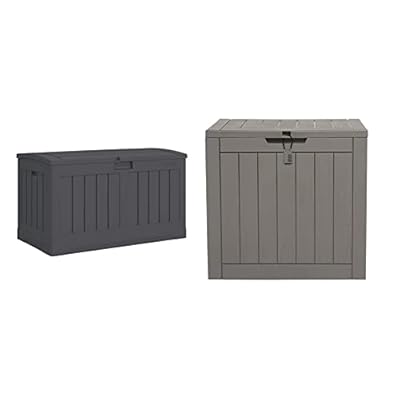 Suncast 50 Gallon Medium Capacity All Weather Construction Resin Outdoor Storage Deck Box with Arched Lid for Patio, Garden, or Pool, Peppercorn | EAST OAK Deck Box, 31 Gallon Indoor and Outdoor Storage Box