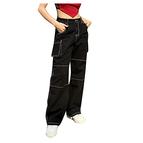 Eauptffy Jeansbroek voor dames, effen, hoge taille, baggy boyfriend stijl, jeansbroek met wijde pijpen, losse denim broek, vintage Y2k mode, losse rechte jeans, beenbroek met rechte pijpen - Image 4