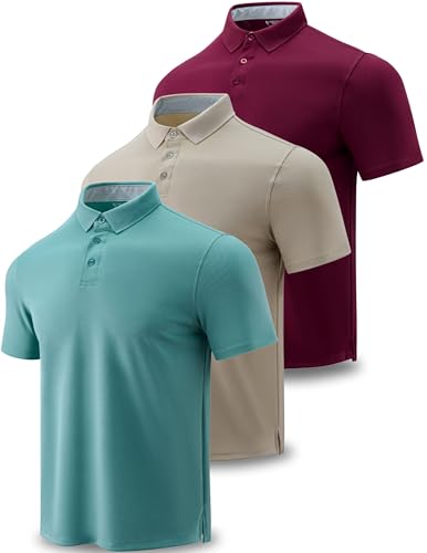 3-Pack Mens Golf Shirt Performance Sport Short Sleeve Moisture Wicking Dry Fit Golf Polo Active Shirts for Men, Khaki/Maroon/Light Green, XL