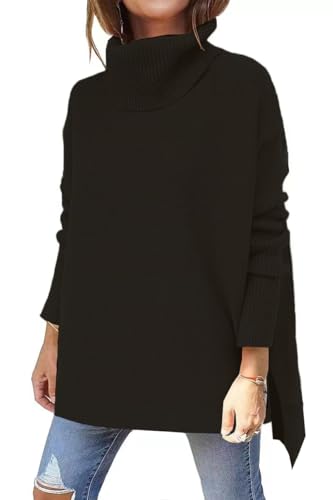 Image of Women's Turtleneck Oversized Sweaters Long Sleeve Split Hem Striped Knit Pullover Tops
