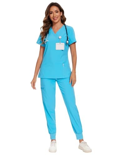 COZYFIT Scrubs for Women Set - Stretch V-Neck Scrub Top & Jogger Pant with 8 Pockets Yoga Waistband Slim Fit COZY SCRUBS - Aqua Blue M