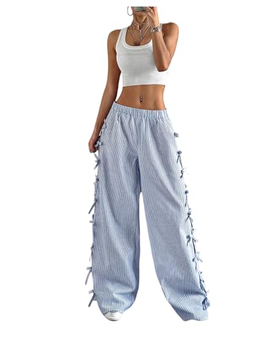 Floerns Women's Bow Cut Out Side Baggy Striped Pants Low Waisted Wide Leg Trousers