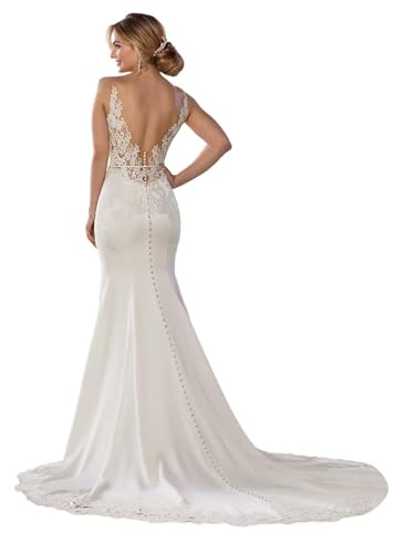 Lace Wedding Dresses for Bride Mermaid V Neck Boho Beach Bridal Gowns with Train BOF30