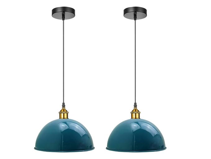 LEDSone Retro Vintage Ceiling Hanging E27 Lamp Holder 40cm Black Metal Pendant Lampshade Lights Fixtures for Kitchen Farmhouse Living Room Restaurant Dinning Room Cafe Loft (Cyan Blue - 2 Pack) โ image 1