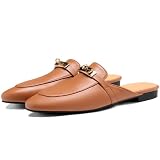 Rogerdream Mules for Women, Almond Toe Slip-On Flats, Backless Loafers with Matal Buckle for Classic Formal Galas Shoes Leater Brown Size 7.5/8-38