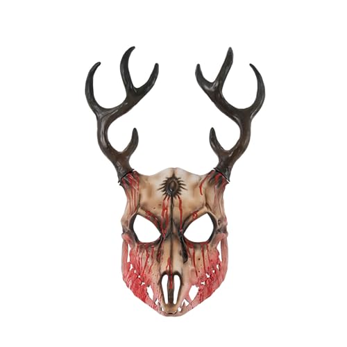 whitefeather Deer Mask Halloween Horror Full Face Deer Skull Adjustable Big Horns Mask Christmas Carnival Masquerade Party Cosplay Props (red)