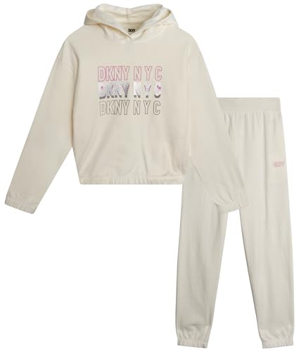 DKNY Girls' Fleece Set - Matching Sweatshirt & Sweatpants - Girls' Fashion Outfit (4-16), Size 8-10, Ivory