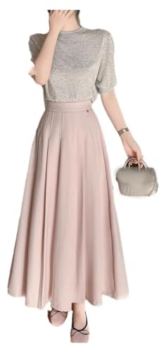 Women's High Waist Elastic A-Line Midi Skirt Office Long Pleated Casual Pull On Skirt