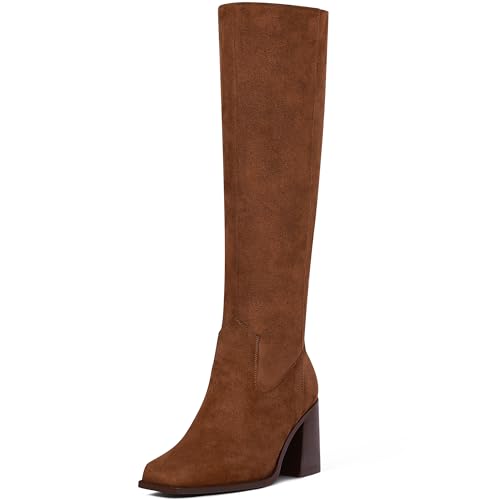 MUCCCUTE Brown Knee High Boots for Women - Suede Boots Square Toe Chunky Block Heel with Side Zipper Pull On Tall Boot US Size 6.5