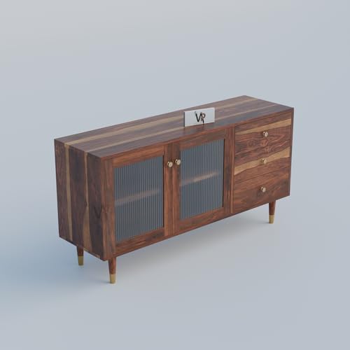 Image of VAP Solid Sheesham Wood Sideboard Cabinet with Tile Design Doors & 3 Drawers | Wooden Crockery & Buffet Storage Cabinet for Living Room & Dining Room | Modern Crockery Cabinet | Honey Finish