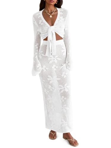 Saodimallsu Womens Crochet Swim Cover Up 2 Piece V Neck Long Sleeve Wrap Tie Crop Tops Beach Boho Maxi Coverup Set White