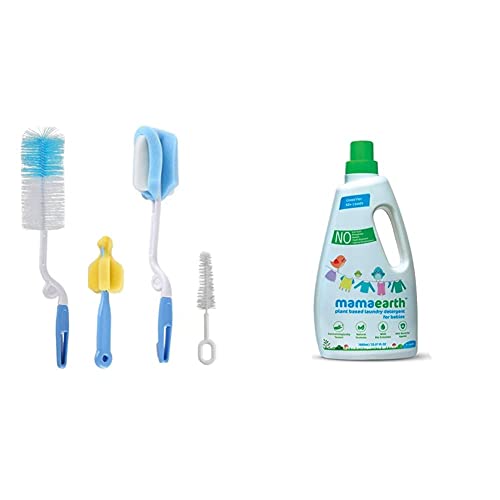 Image of Syga 4 Pcs Baby Milk Bottle Nipple Straw Brush Sponge Nylon Cleaning Brush Cleaner Bottle Tong Set R&Mamaearth'S Plant Based Baby Laundry Liquid Detergent, with Bio-Enzymes and Neem Extracts, 1000Ml