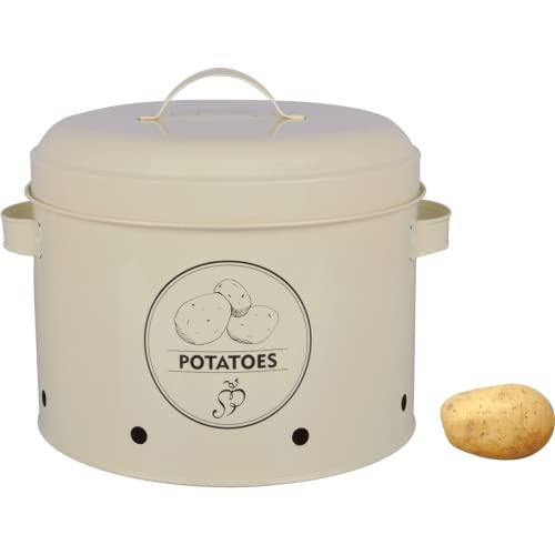 Tarro para patatas de 22 cm de diámetro, 22 cm de alto, de acero al carbono con ventilación, tapa y diseño de patatas – también disponible como caja de cebolla, ajo, pan o compost