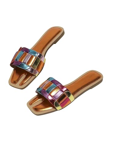 Image of GORGLITTER Women's Colorful Sparkly Multi Colored Summer Slip Flat Sandals | Colorful Flat Sandals, Leather Sandals, Slip on Sandals Women, Multi Colored Sandals, Summer Sandal