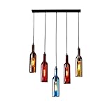 Flhonudi 5-Light Creative Glass Bottle Pendant Lamp Vintage Chandelier Light Fixture Wine Bottle Pendant Light Art Decor Adjustable Height for Island, Restaurant, Loft, Bar