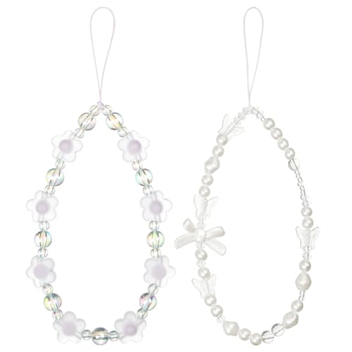 OFFCUP 2 Piezas Colgante de Mano para Móvil, Cuerda Para Movil, Cordón de Teléfono con Cuentas de Perlas y Flores, Correa De Muñeca para Teléfono, Colgante Movil