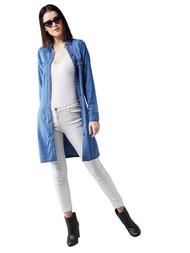 Image of Dolce Crudo Women's Polo Neck Full Sleeves Denim Knee-Long Shrug(DOSS24DEN95-07-115-02, Blue, XS)