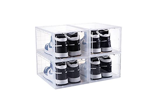 SOGOBOX Drop Front Shoe Box,Set of 4,Plastic Stackable Clear Shoe Box with lids,Shoe Storage Box and Shoe Organizer for Display Sneakers,Plastic Shoe Containers for US Size 12(13.8â€x 9.84â€x 7.1â€)Clear