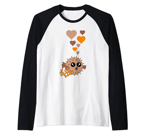 Cute Pufferfish With Hearts Raglan Baseball Tee, Black