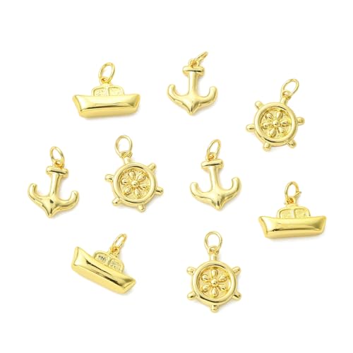UR URLIFEHALL 9 dijes náuticos de latón de 3 estilos, chapados en oro de 18 quilates, con ancla de barco, timón, timón, para hacer collares, pulseras, joyas