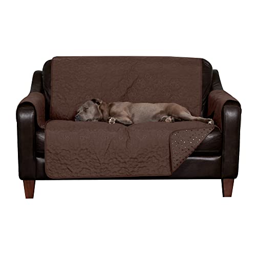 Image of Furhaven Waterproof & Non-Slip Loveseat Cover Protector for Dogs, Cats, & Children - Quilted Paw Print Living Room Furniture Cover - Espresso, Loveseat
