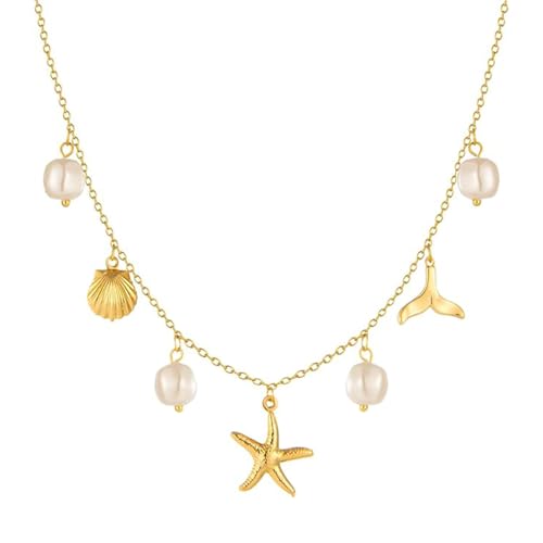 COYUN Collier à breloques pour femme, perles étoile de mer coquillage or 14 carats, bijoux d'été, plage, surfeur