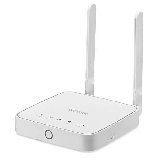 Alcatel HH40 4G/LTE-Router (CAT4 | 150 Mbit/s Download | 50 Mbit/s Upload), inklusive 2 externer LTE Antennen, WLAN 802.11 b/g/n, Hotspot-Funktion, WPS, 2 x 100 Mbit/s LAN-Port, Weiß HH40V-2BALAT1-1