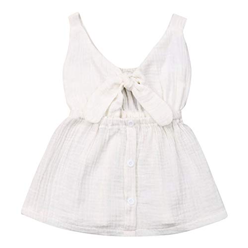 Toddler Baby Girls Solid Cotton Linen Straps Bowknot Front Buttons Backless Dress (3-4T, White)