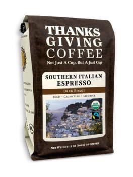 Thanksgiving Coffee "Southern Italian Style Espresso" Dark Roasted Fair Trade Organic Shade Grown Whole Bean Coffee - 12 Ounce Bag