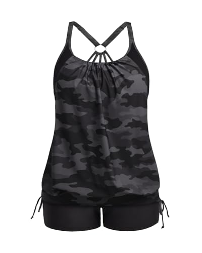 Image of Holipick Plus Size Tankini Swimsuits for Women Two Piece Tummy Control Bathing Suit Blouson Tankini Top with Shorts
