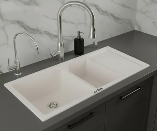 Image of ARQUIN Double Bowl Quartz with Drainboard Kitchen Sink 45x20x9 Inch Rosa | Undermount,Topmount | Including Coupling,Sink Connector,Waste Pipe & Fruit Washing Basket