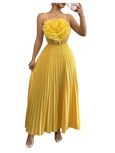 OYOANGLE Womens 3D Floral Spaghetti Strap Cami Dress Pleated Sleeveless Flared Evening Dresses Yellow Small