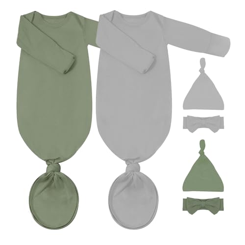 Image of COOZYNANA 2Pack Newborn Baby Knotted Gown, Super Soft Modal Infant Long Sleeve Sleeper with Hat and Headband Set